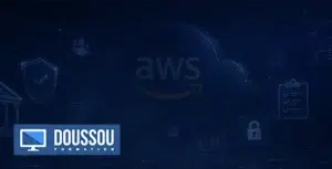 Dark blue tech banner featuring AWS cloud icons and the DOUSSOU Formation logo in the bottom-left corner.