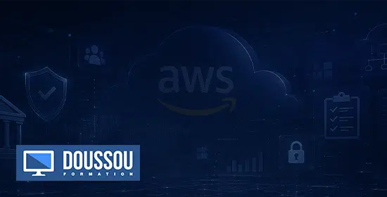 Dark blue tech banner featuring AWS cloud icons and the DOUSSOU Formation logo in the bottom-left corner.