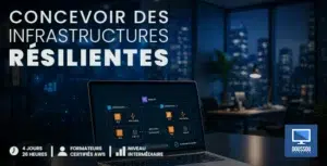 Promotional banner in French reading 'Concevoir des infrastructures résilientes' with a laptop showing a network diagram on a desk in a modern office, and a blue logo on the right.