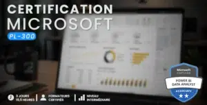 Certification banner advertising Microsoft PL-300 Power BI Data Analyst with a blurred laptop screen displaying charts and a badge on the right