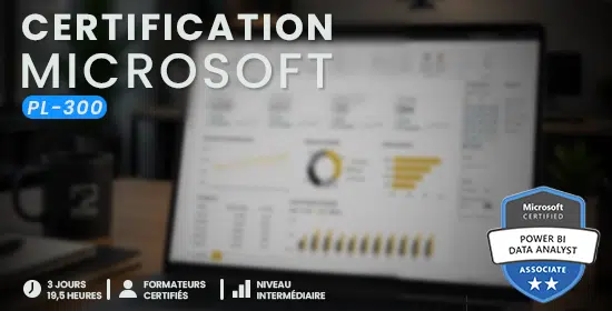 Certification banner advertising Microsoft PL-300 Power BI Data Analyst with a blurred laptop screen displaying charts and a badge on the right