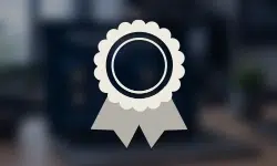 Award ribbon badge with scalloped edge and dark center on a blurred background