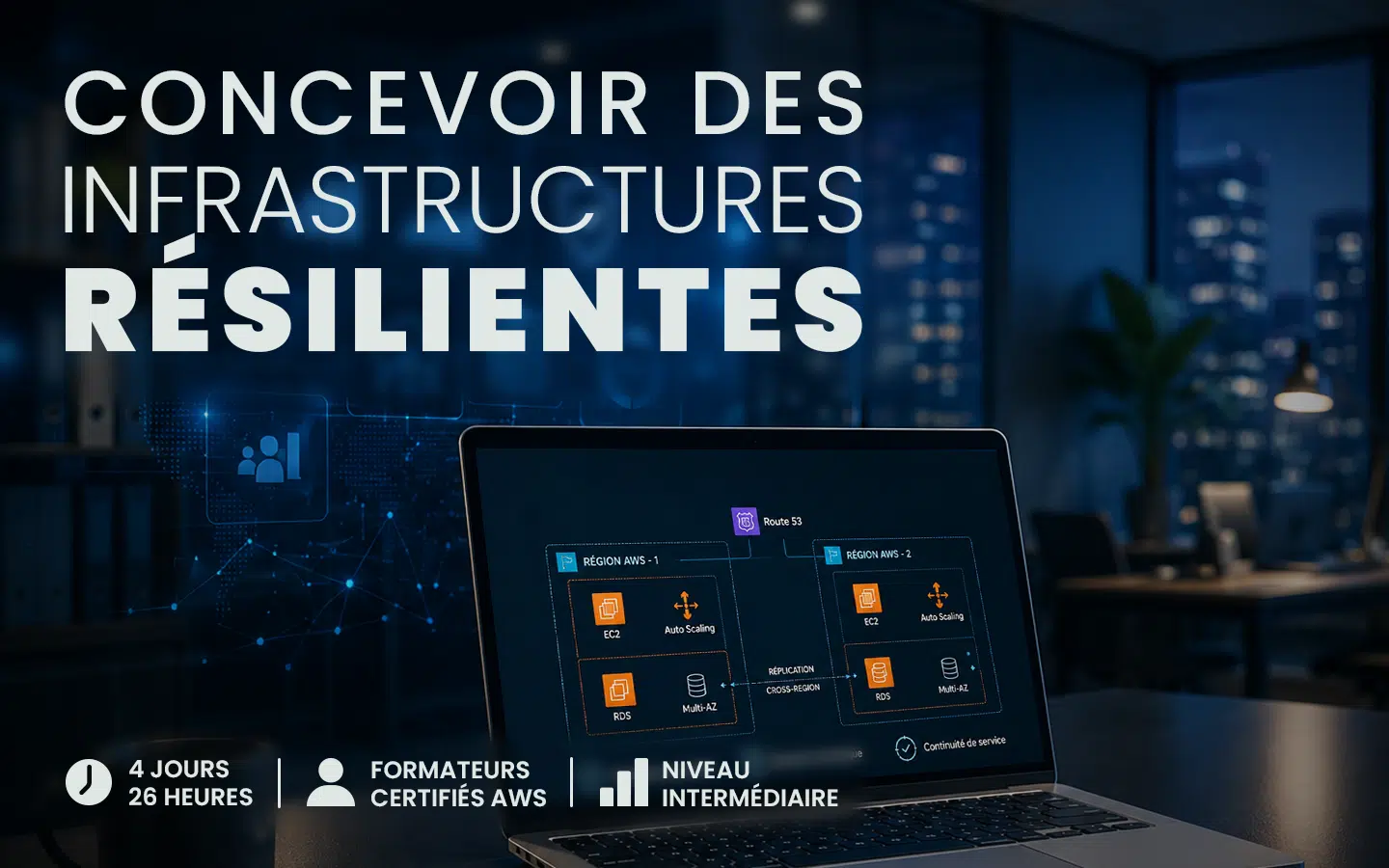 Bannière de formation AWS: concevoir des infrastructures résilientes, affichant un laptop avec un diagramme d’architecture et les détails du cours.