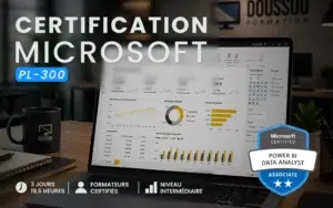 Promotional image for Microsoft PL-300 Power BI Data Analyst certification showing a laptop with dashboards and a certification badge.