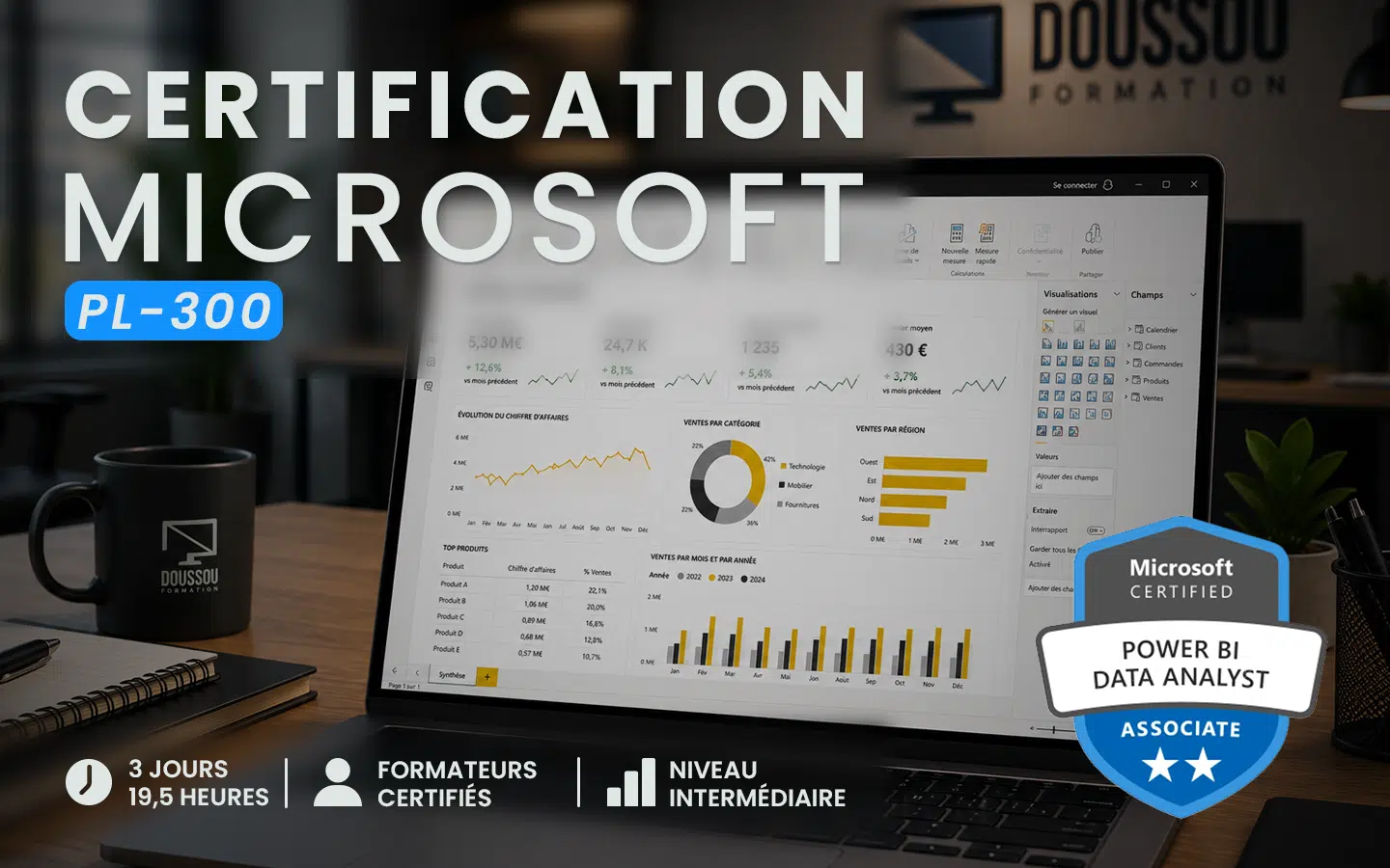 Promotional image for Microsoft PL-300 Power BI Data Analyst certification showing a laptop with dashboards and a certification badge.
