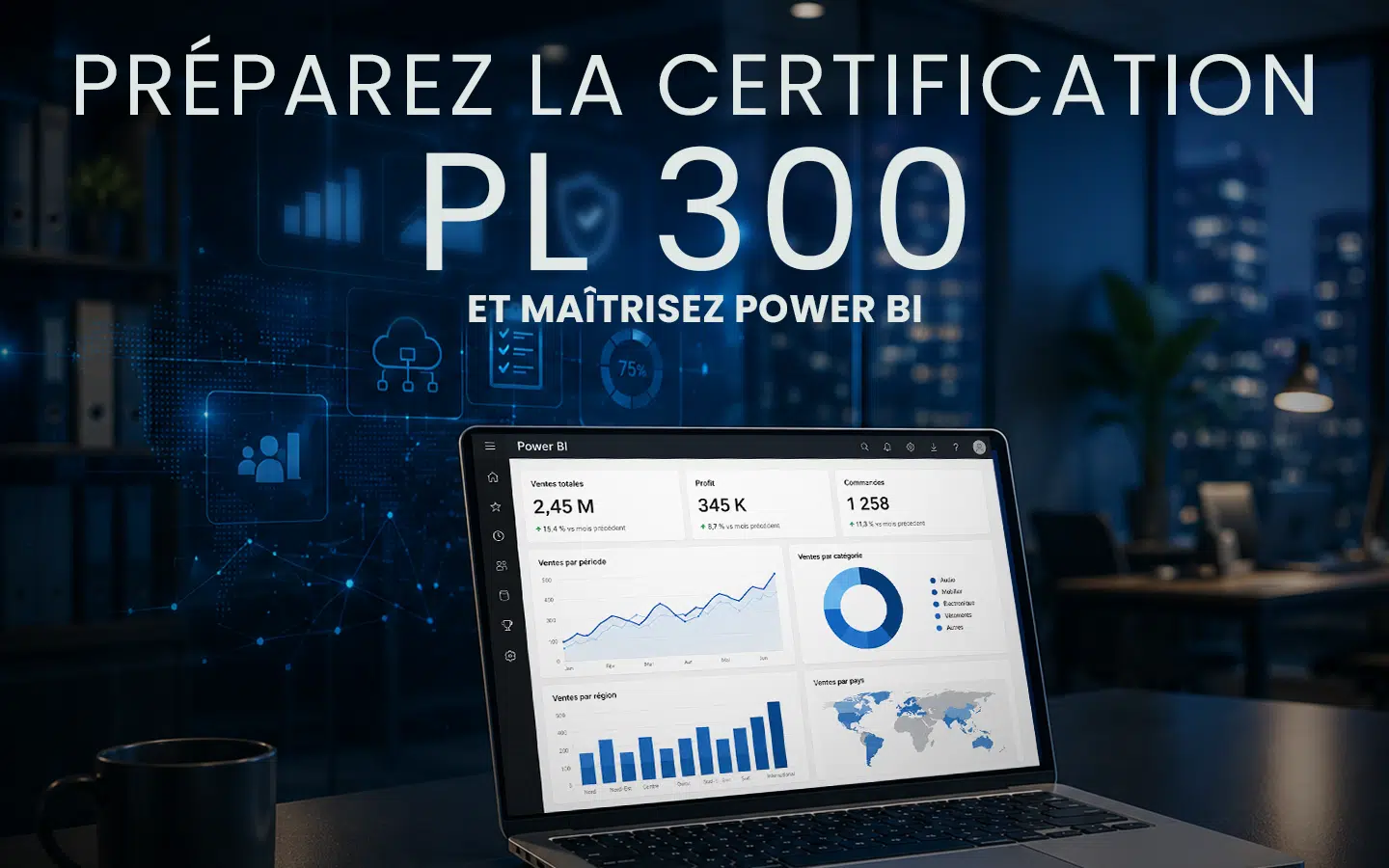 Banner promotionnel en français : « Préparez la certification PL 300 et maîtrisez Power BI » avec un ordinateur portable affichant des dashboards Power BI dans un fond bleu sombre.