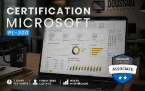 Course promo image showing a laptop with a Microsoft Power BI/PL-300 certification banner and a blue PL-300 badge on a work desk.