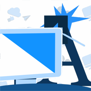InDesign 1 | Formation Power Bi, AWS, Excel, VBA, Linux, Quickbook, InDesign Abstract blue tech-themed illustration featuring screens and geometric shapes representing digital devices and connectivity