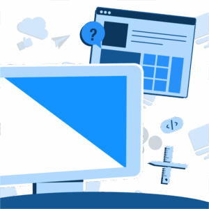 Blue abstract illustration showing a laptop, calendar, cloud icon, paper plane, and a speech bubble with a question mark, conveying tech support or web design theme.