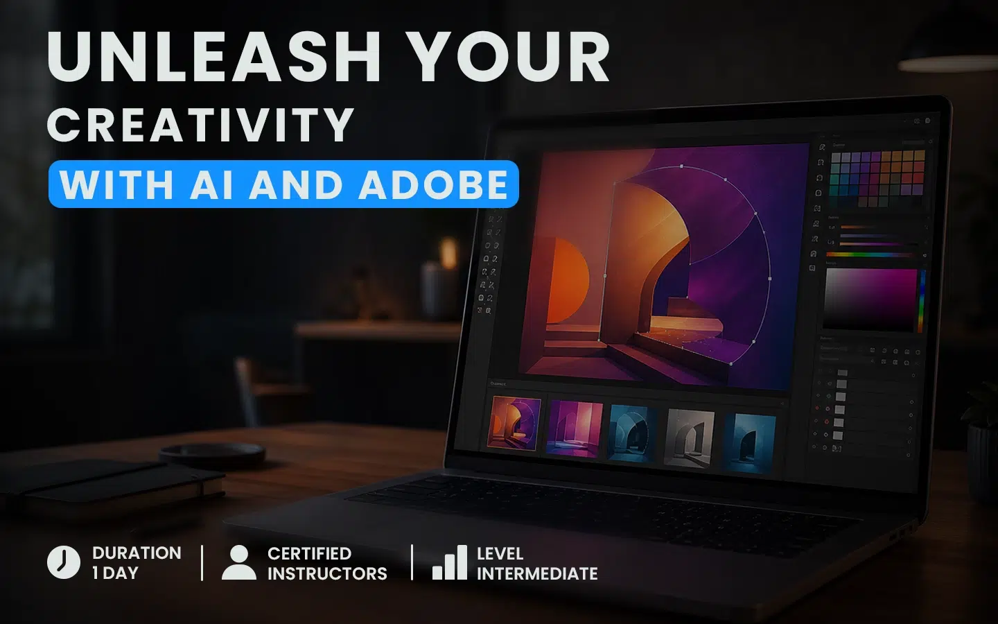 image-hero-eng | Formation Power Bi, AWS, Excel, VBA, Linux, Quickbook, InDesign Promo image advertising an AI and Adobe design course: laptop screen with colorful artwork and bold white headline.