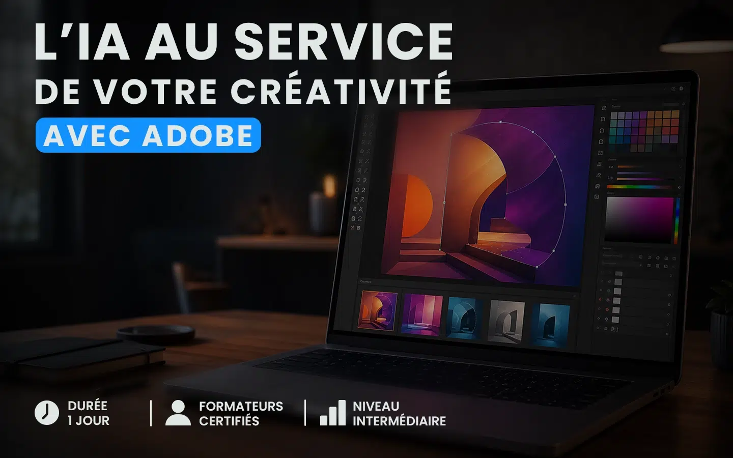 image-hero | Formation Power Bi, AWS, Excel, VBA, Linux, Quickbook, InDesign French promo banner for an Adobe AI creativity course; dark background, laptop screen with design software, bold white headline text.