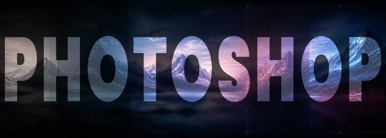 photoshop-section | Formation Power Bi, AWS, Excel, VBA, Linux, Quickbook, InDesign The word PHOTOSHOP in bold letters filled with a mountain landscape on a dark gradient background