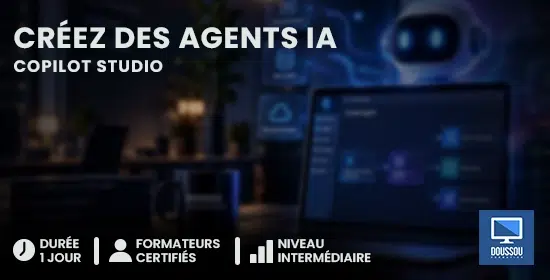 Bannière: Créez des agents IA — formation d’un jour, formateurs certifiés, niveau intermédiaire, logo DOUSSO.