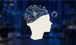 Profile of a human head silhouette with a neural network–like brain graphic above it on a blue blurred background.