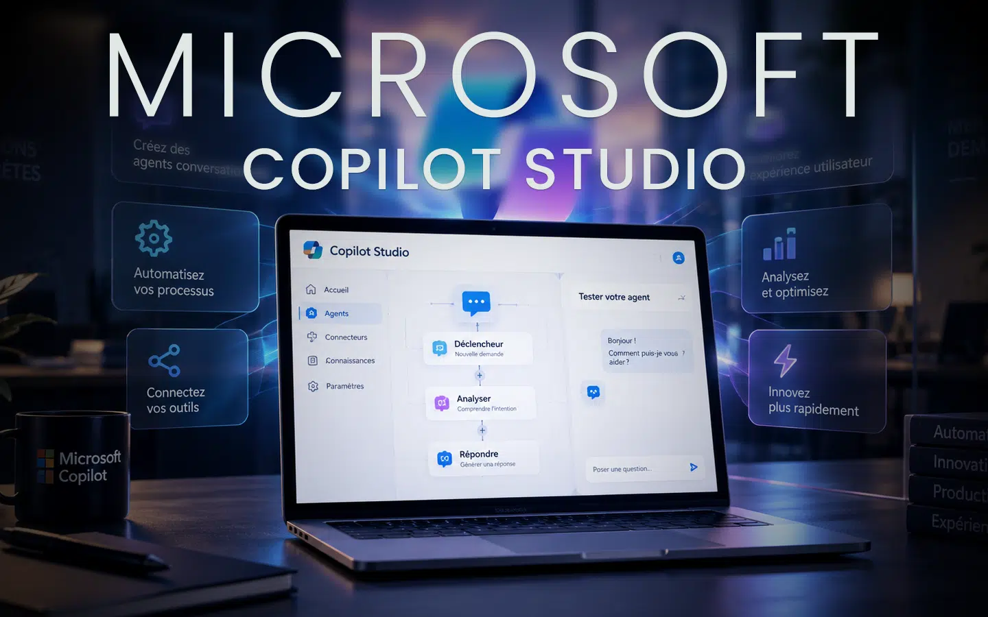 Laptop displaying the Microsoft Copilot Studio interface with floating feature cards around it on a desk.