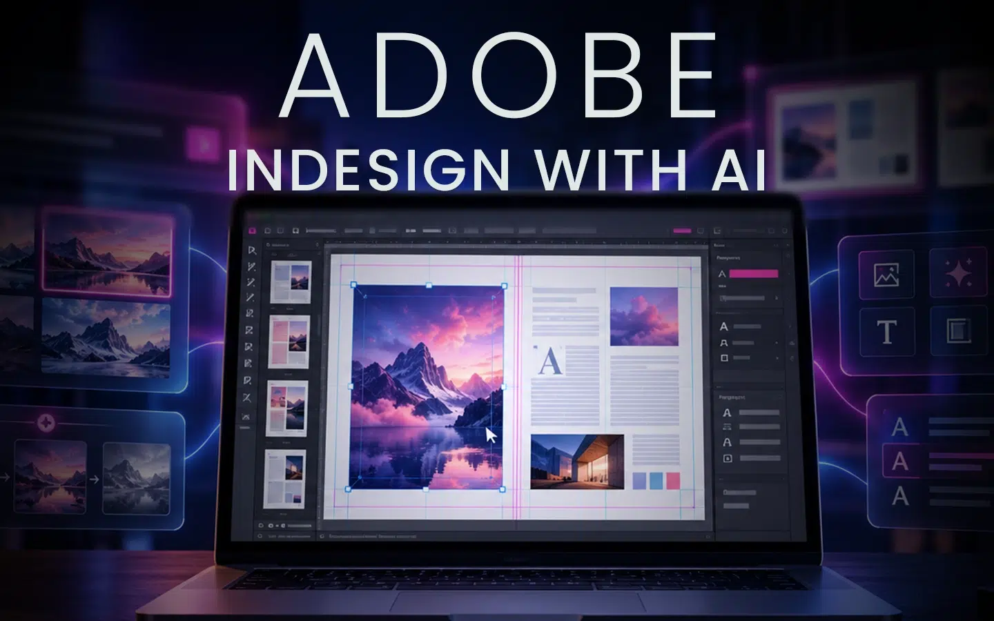 Laptop displaying Adobe InDesign layout with a mountain sunset spread, side tools and text panels visible—the banner reads 'ADOBE INDESIGN WITH AI' in bold above the screen.