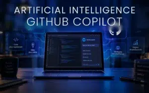 Laptop on a desk showing the GitHub Copilot interface with floating benefit cards and the heading ‘ARTIFICIAL INTELLIGENCE GITHUB COPILOT’.
