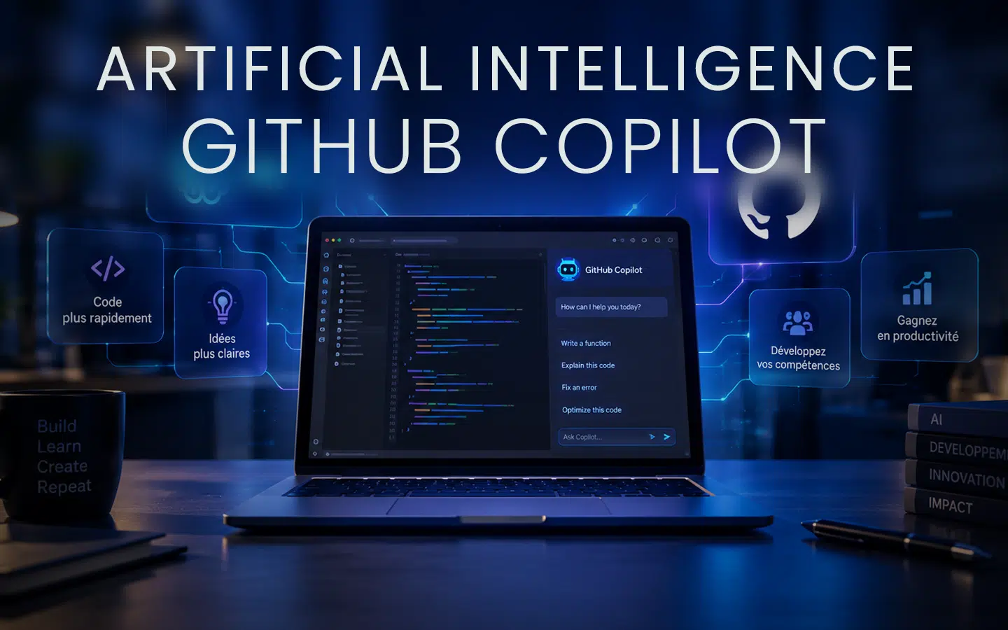 Laptop on a desk showing the GitHub Copilot interface with floating benefit cards and the heading ‘ARTIFICIAL INTELLIGENCE GITHUB COPILOT’.