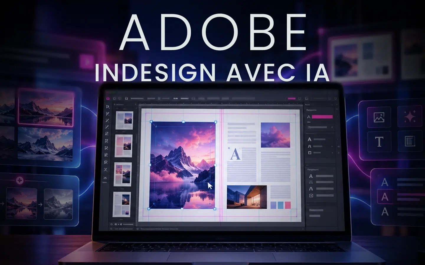 Laptop screen shows a page layout design with mountain image and a UI like InDesign, overlaid text reads 'ADOBE INDESIGN AVEC IA'