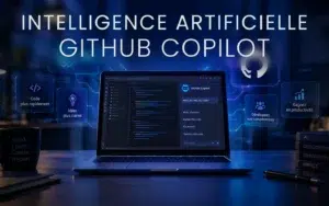 image-hero-fr | Formation Power Bi, AWS, Excel, VBA, Linux, Quickbook, InDesign Laptop showing code with GitHub Copilot UI; large title reads 'Intelligence Artificielle GitHub Copilot' and glowing benefit bubbles around it in French.