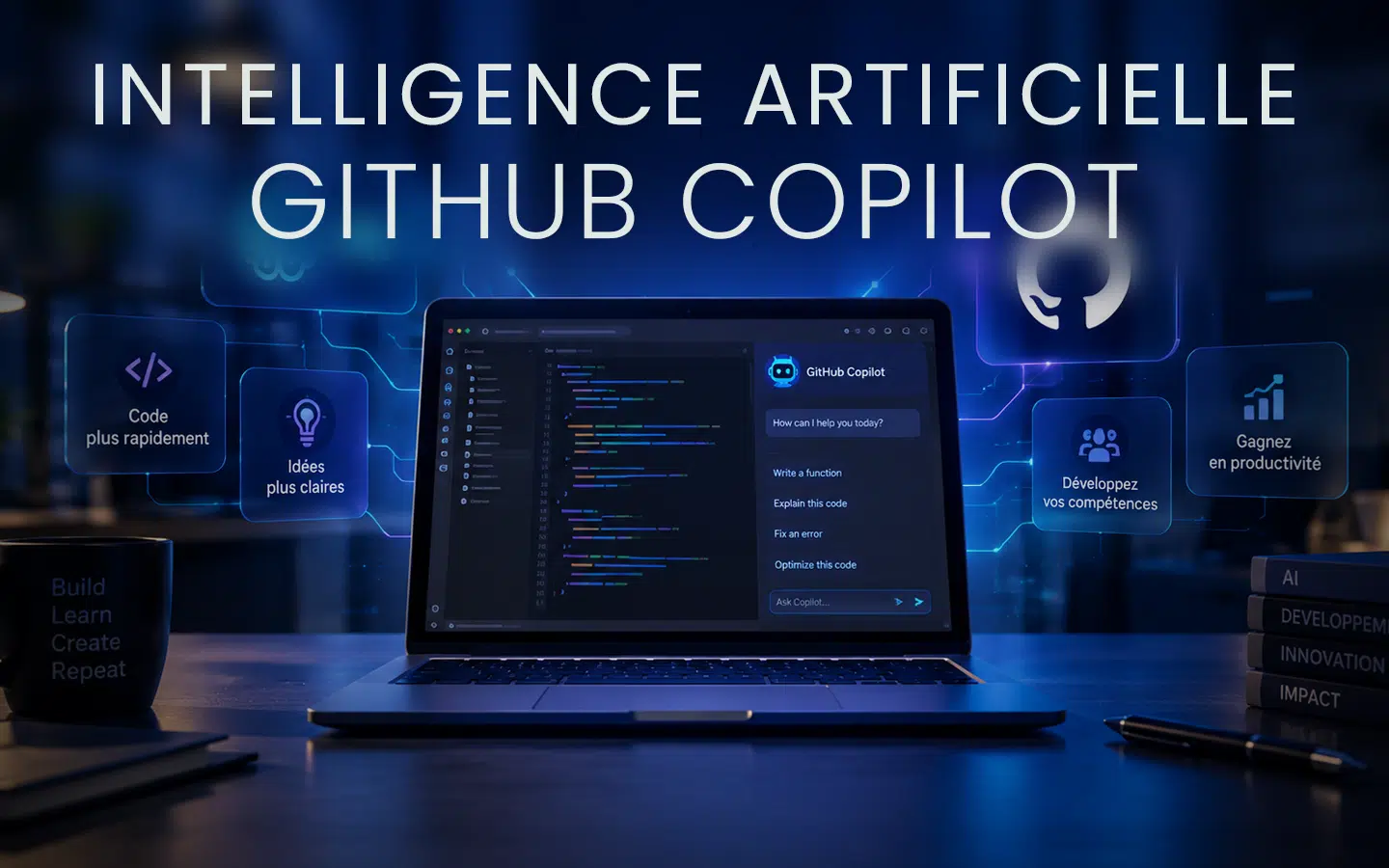 Laptop showing code with GitHub Copilot UI; large title reads 'Intelligence Artificielle GitHub Copilot' and glowing benefit bubbles around it in French.