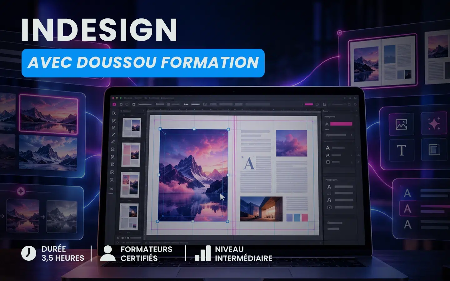 Promotional banner for InDesign course with Doussou Formation, featuring a design software workspace on a laptop screen (intermediate level, 3.5 hours, certified trainers)