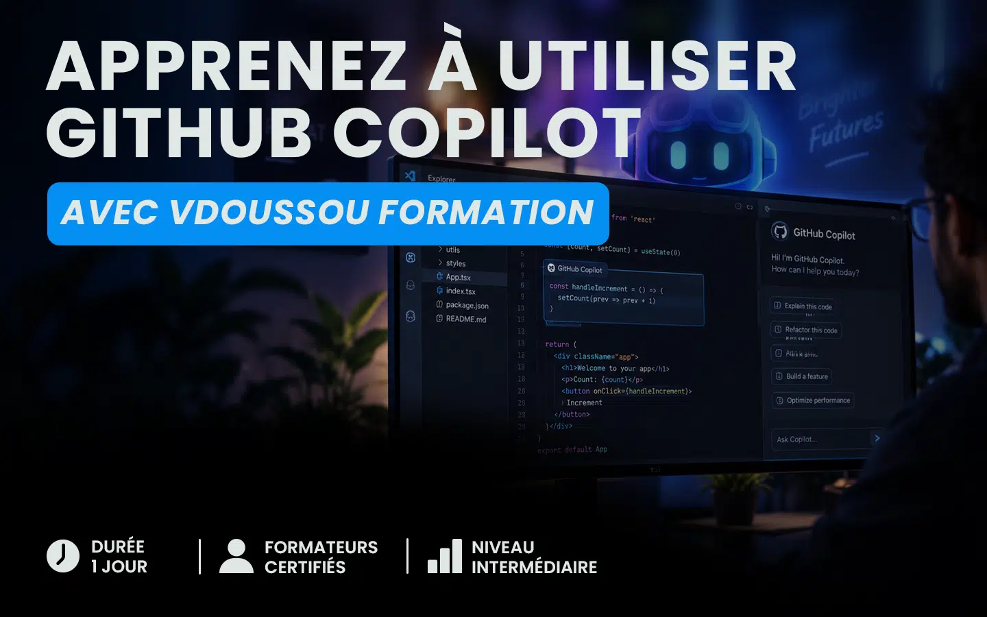 Promo image: apprenez à utiliser GitHub Copilot avec VdouSOU Formation, écran de code en arrière-plan, ambiance bureau nocturne.