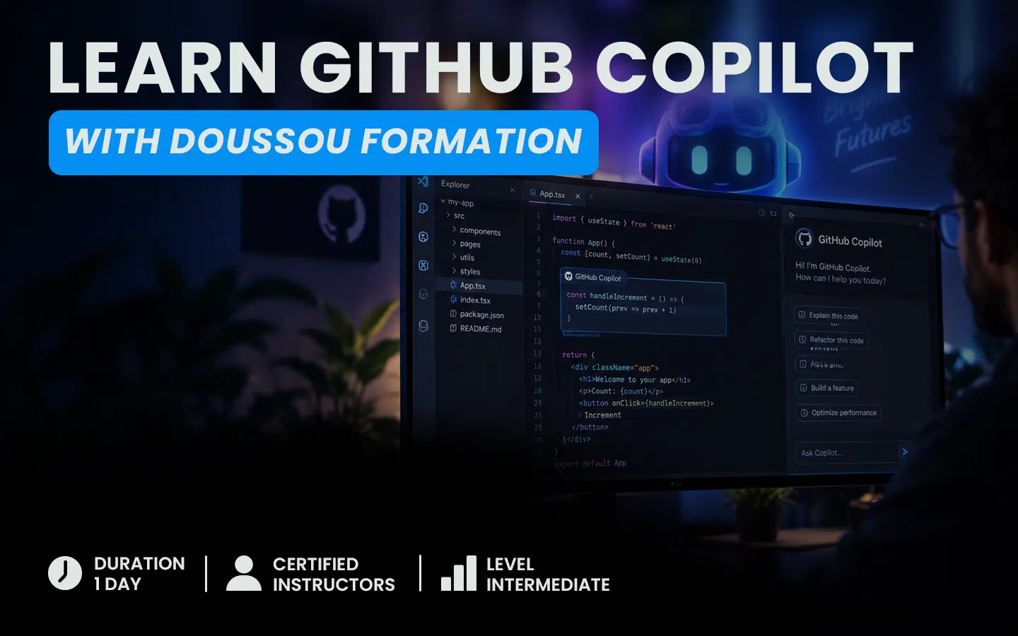 Promotional banner for learning GitHub Copilot with Doussou Formation; dark office, code editor on monitor, robot logo in background.