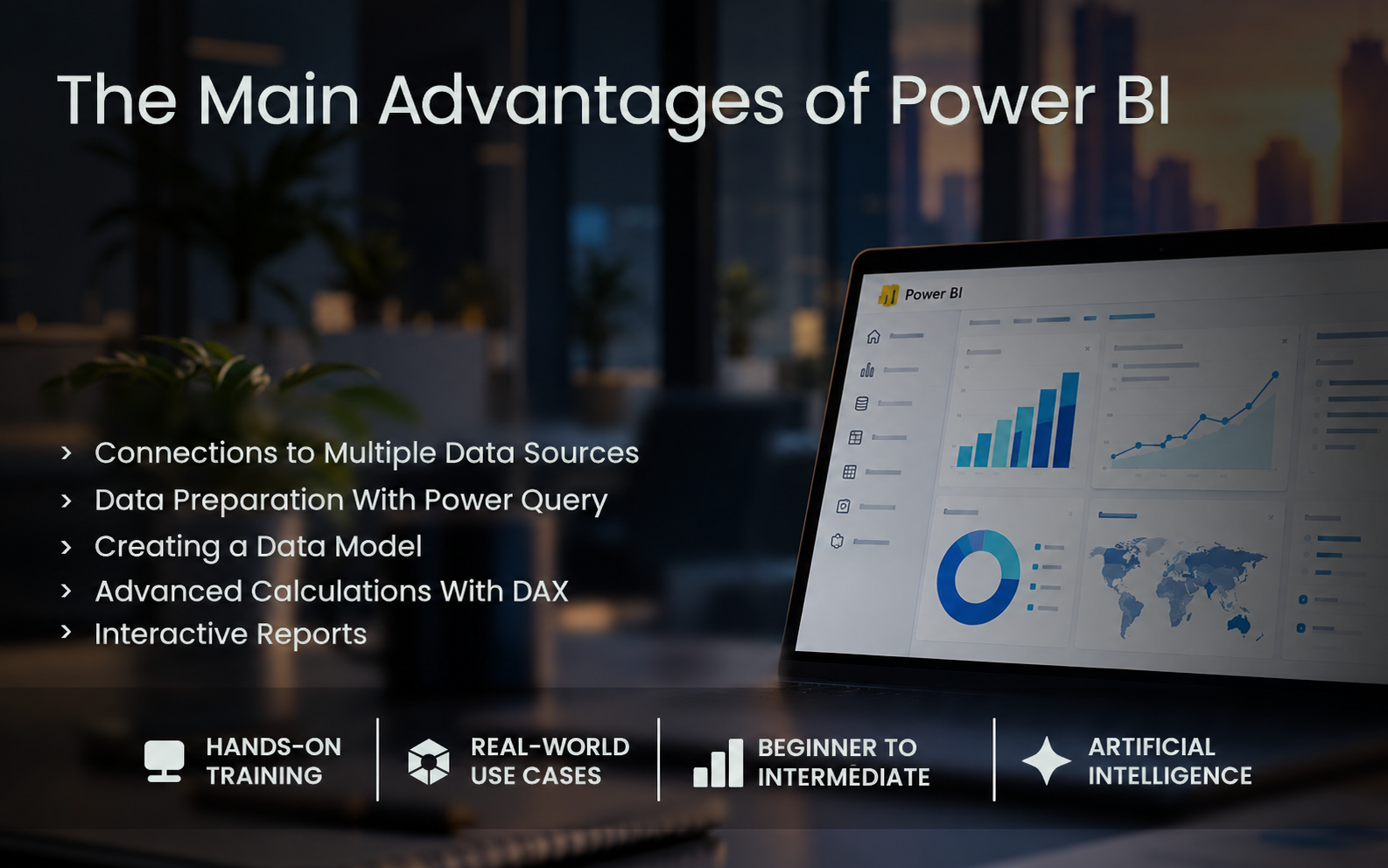 avantages-eng | Formation Power Bi, AWS, Excel, VBA, Linux, Quickbook, InDesign Slide promoting Power BI advantages with a bulleted list and a laptop displaying charts in the background, titled 'The Main Advantages of Power BI'.