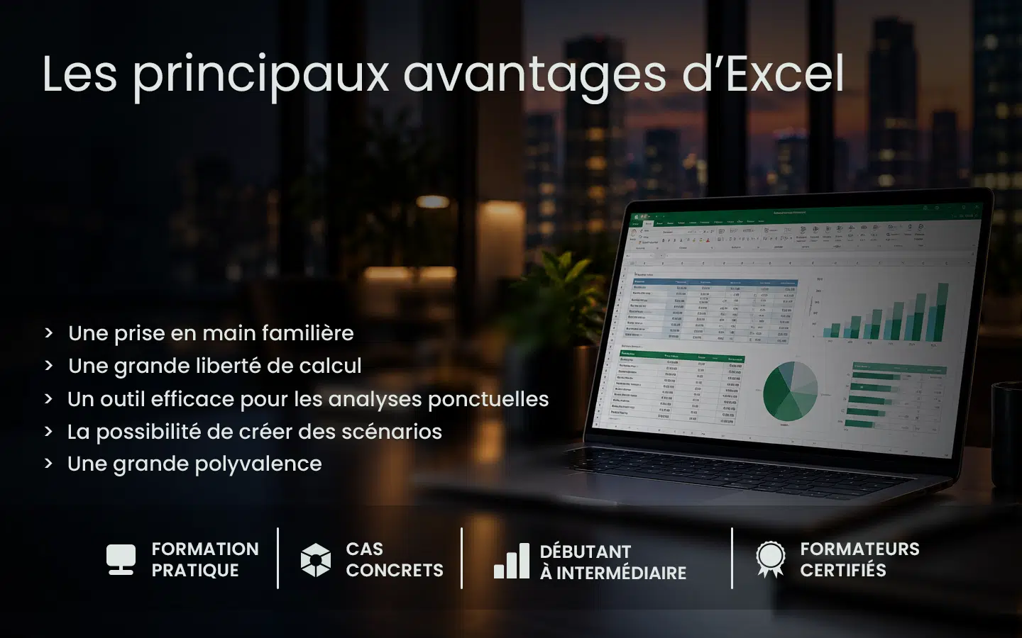 Slide en français présentant les avantages d'Excel: liste à puces et un ordinateur portable affichant des tableaux et graphiques Excel dans une ambiance professionnelle.