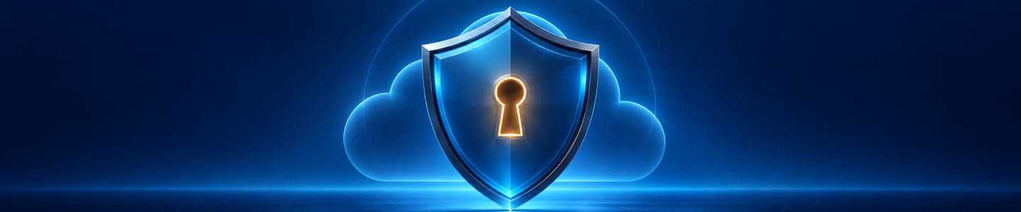aws-cloud-security-1440x300 | Formation Power Bi, AWS, Excel, VBA, Linux, Quickbook, InDesign Blue shield with a glowing keyhole in front of fluffy clouds, symbolizing cloud security.