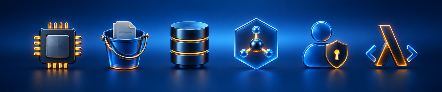 Row of neon tech icons: microchip, document in a bucket, stacked databases, molecular hexagon, user with a security shield, and code brackets.