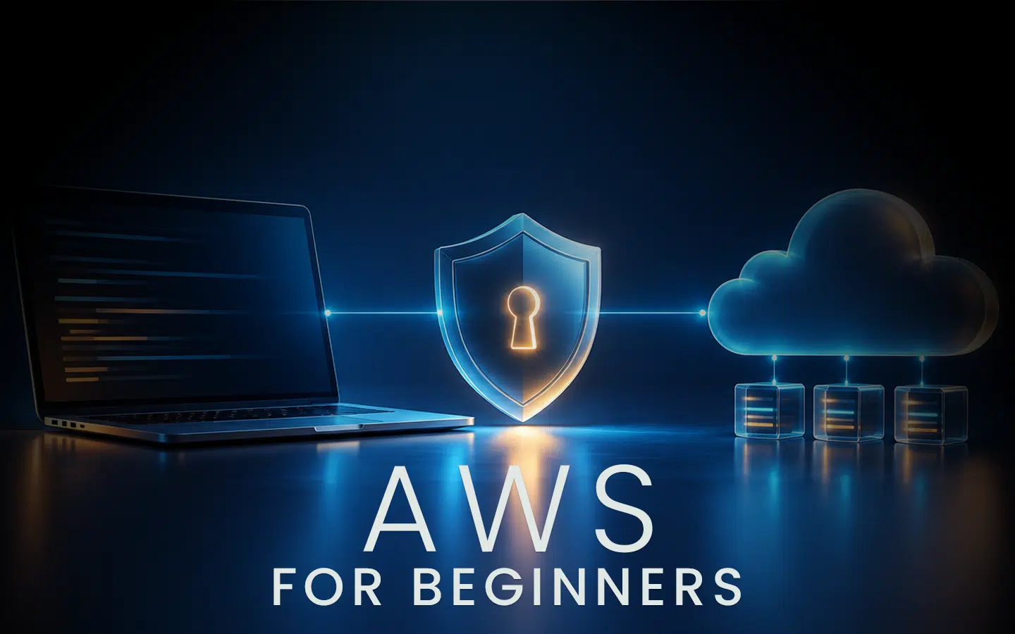 hero-eng | Formation Power Bi, AWS, Excel, VBA, Linux, Quickbook, InDesign Informative graphic for beginners: laptop connected to a glowing shield and cloud with data blocks, titled 'AWS for Beginners'.