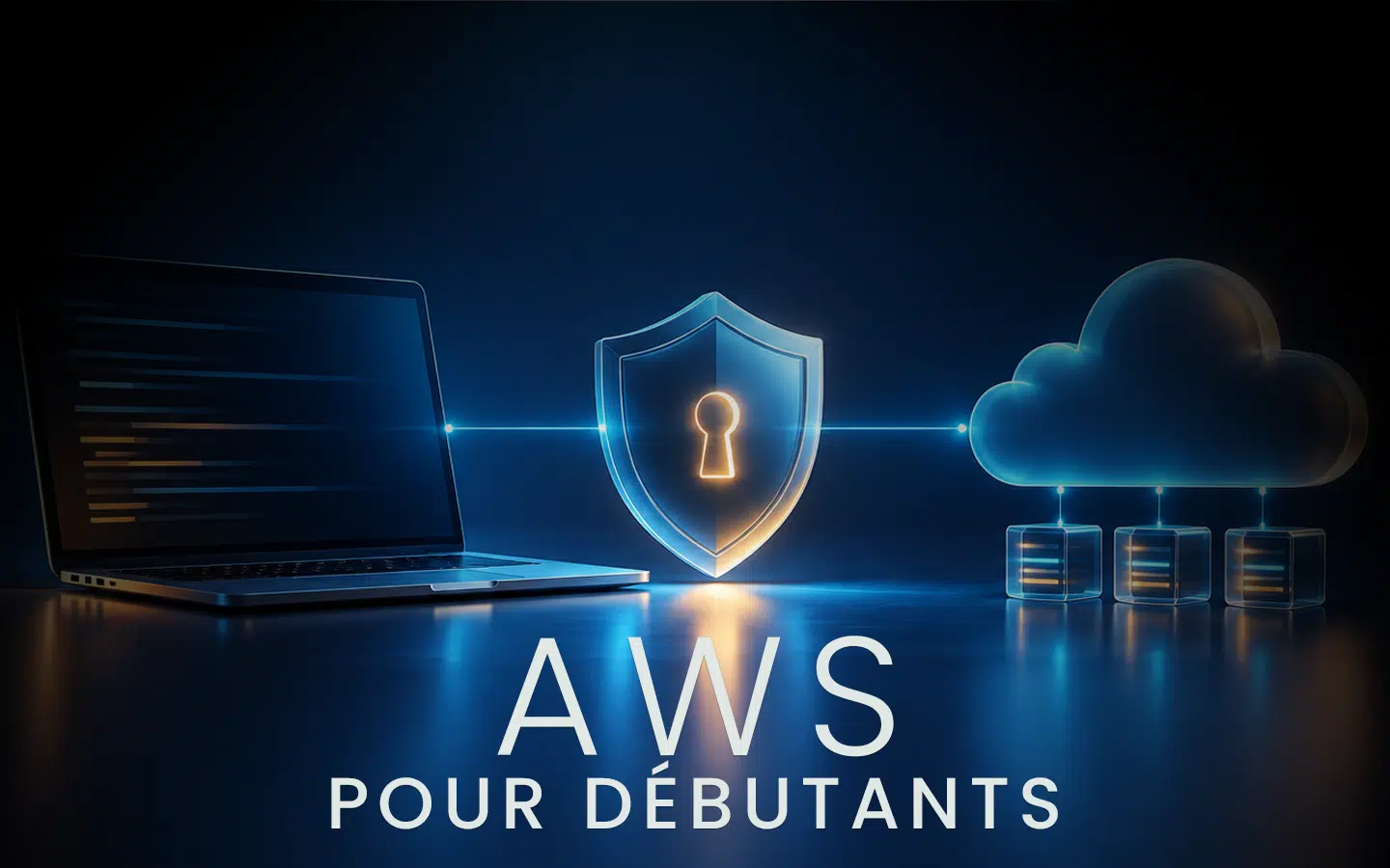 hero-fr | Formation Power Bi, AWS, Excel, VBA, Linux, Quickbook, InDesign Cover image for an AWS for Beginners course: laptop on the left, glowing shield in the center, blue cloud and data blocks on the right, with the text 'AWS POUR DEBUTANTS' below.