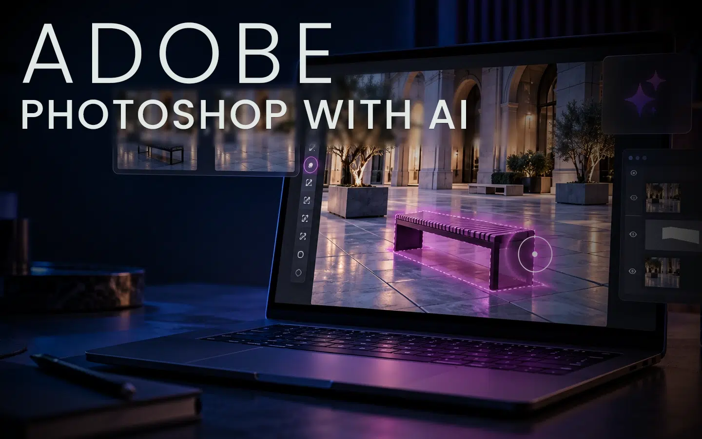 image-hero-eng | Formation Power Bi, AWS, Excel, VBA, Linux, Quickbook, InDesign Laptop displaying an ad for Adobe Photoshop with AI; screen shows a design scene featuring a glowing purple bench in a modern plaza UI overlayed with tools.