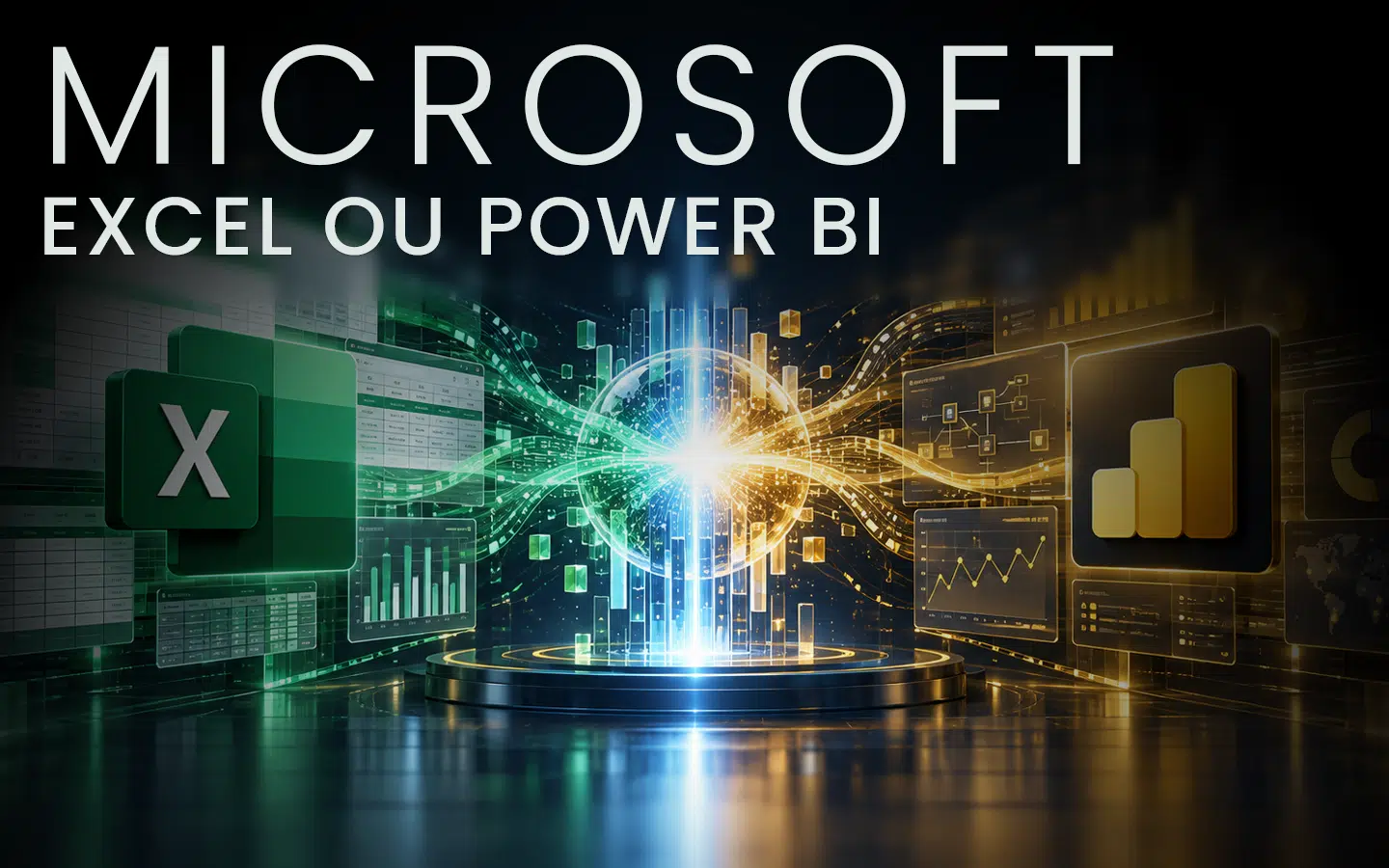 Banner featuring data analytics visuals and the title 'MICROSOFT EXCEL OU POWER BI' indicating a course or topic on Excel or Power BI