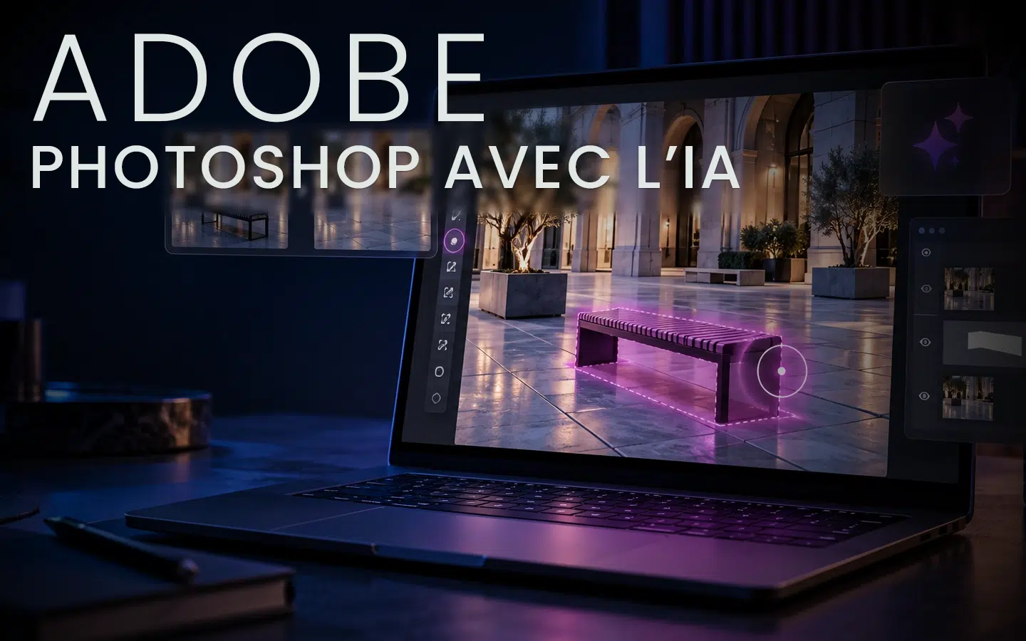 image-hero-fr | Formation Power Bi, AWS, Excel, VBA, Linux, Quickbook, InDesign Laptop screen shows AI-powered Photoshop interface with a purple-lit bench scene and the heading 'ADOBE PHOTOSHOP AVEC L’IA'