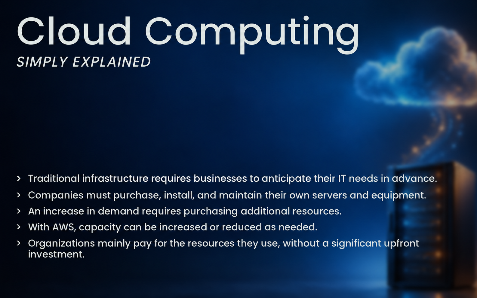 objective-eng | Formation Power Bi, AWS, Excel, VBA, Linux, Quickbook, InDesign Cloud Computing slide: headline 'Cloud Computing' with subtitle 'SIMPLY EXPLAINED' and bullets about cloud infrastructure advantages.