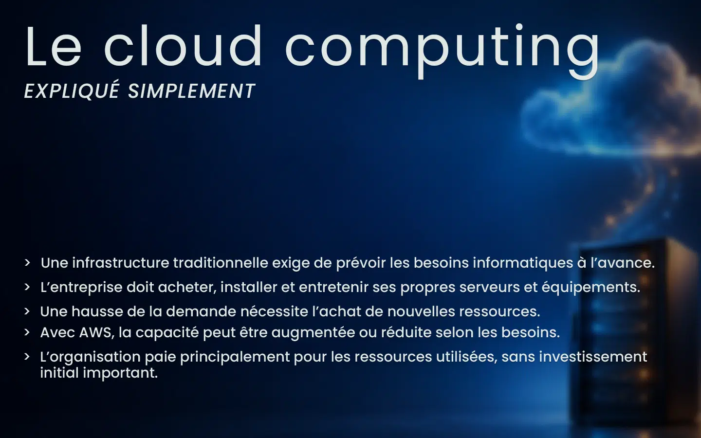 objective-fr | Formation Power Bi, AWS, Excel, VBA, Linux, Quickbook, InDesign Slide titled 'Le cloud computing' in French with five bullet points about infrastructure and resources on a blue background.