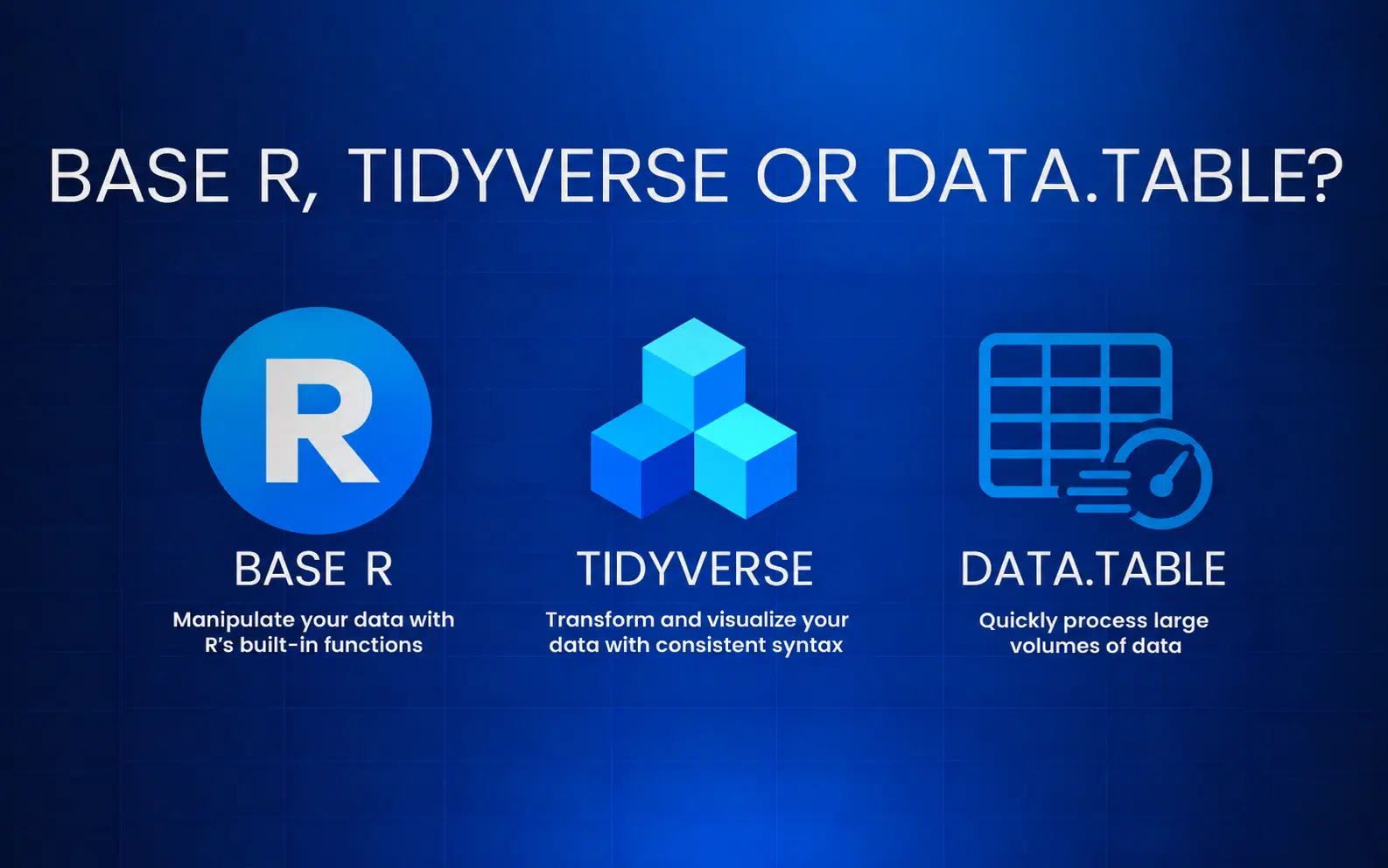 Blue infographic comparing Base R Tidyverse and DataTable with logos and captions on a dark blue background