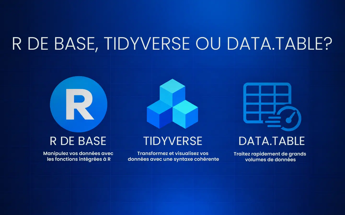 rtidetablefr | Formation Power Bi AWS Excel VBA Linux Quickbook InDesign Blue banner showing R logo Tidyverse cubes and DataTable icon with French captions about data manipulation and processing