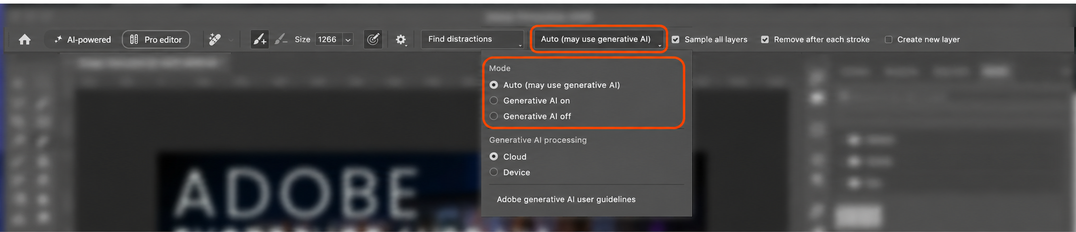 toolbar-eng | Formation Power Bi, AWS, Excel, VBA, Linux, Quickbook, InDesign Toolbar showing an AI mode menu open with options: Auto, Generative AI on, Generative AI off, and Generative AI processing (Cloud or Device).