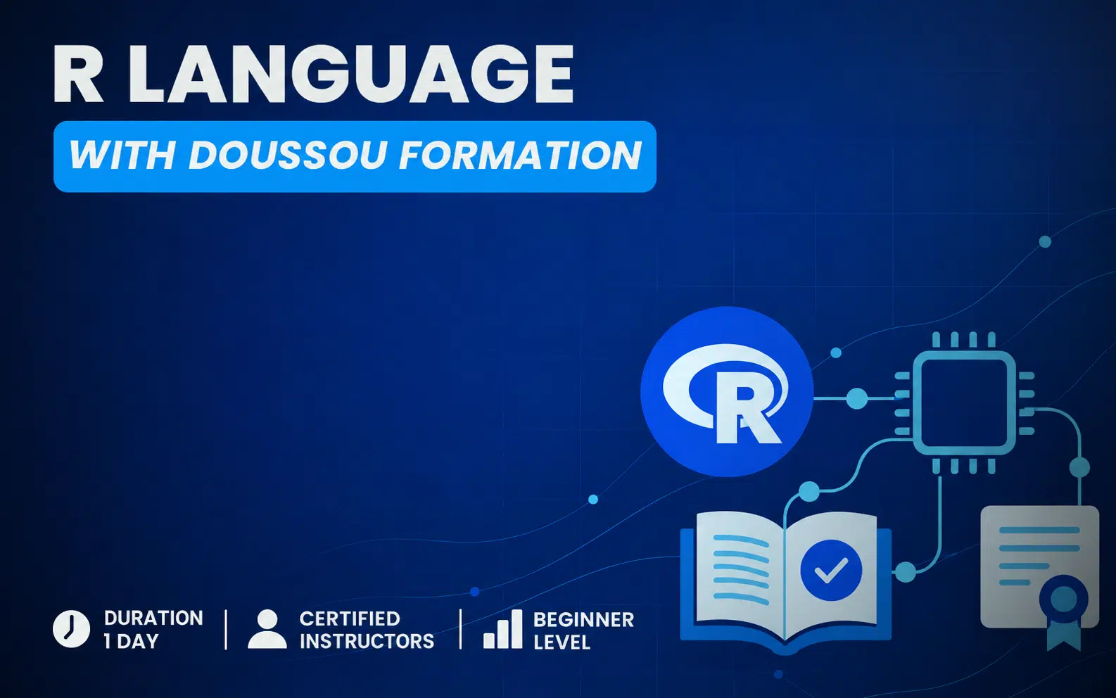 Banner advertising R language with Doussou formation featuring the R logo blue rounded title badge and circuitbook graphics on a dark blue background