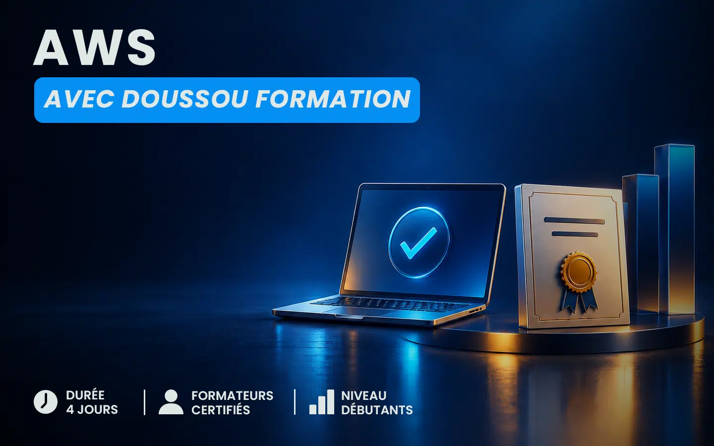 train_with_us-fr | Formation Power Bi, AWS, Excel, VBA, Linux, Quickbook, InDesign Promotion banner for AWS training by Doussou Formation: laptop with a glowing checkmark, a certificate on a pedestal, and icons for 4-day duration, certified trainers, and beginner level (French).