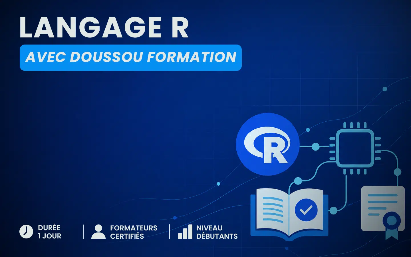 trainwithusfr | Formation Power Bi AWS Excel VBA Linux Quickbook InDesign Blue promo banner for an R programming course by Doussou Formation one day certified instructors beginner level