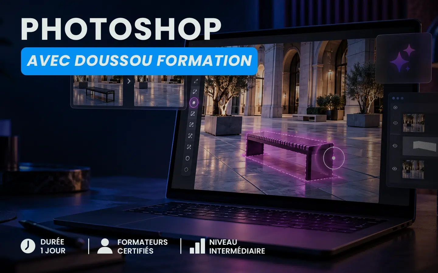 Promotional banner for a Photoshop course by Doussou Formation, shown on a laptop screen with a bright blue title banner and editing workspace.