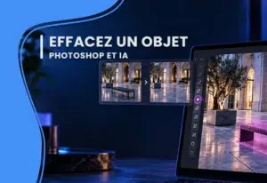 French banner promoting object removal in Photoshop AI, showing a laptop screen with editing tools and two thumbnails of a courtyard scene on the side.